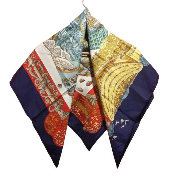 HERMES Carre 90 - Navy White Multi Scarf 252-082325 - Picture 1 of 4